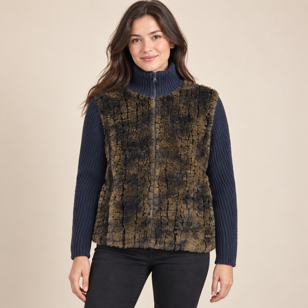 Cottagecore Faux Fur Knit Cardigan Jacket Women Med black/Brown Mixed Media Zip